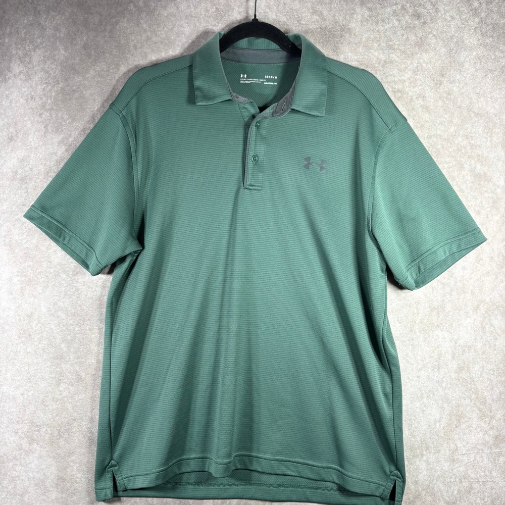 Under Armour Polo Mens Large Green HeatGear Loose Fit Striped Performance Golf‎